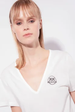 Topwear|PINKO T-Shirt Col V A Logo Blanc Soie