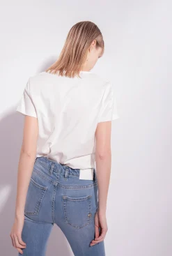 Topwear|PINKO T-Shirt Col V A Logo Blanc Soie