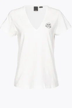 Topwear|PINKO T-Shirt Col V A Logo Blanc Soie