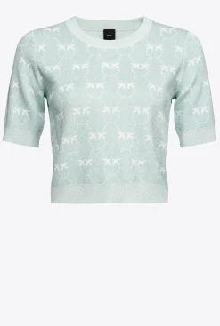 Tailleurs Et Ensembles|PINKO T-Shirt Court Monogram Lurex Aigue-Marine/Blanc