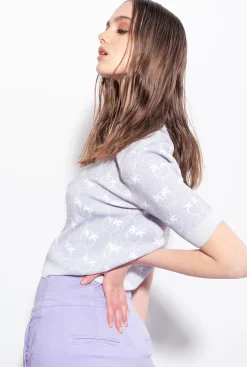 Tailleurs Et Ensembles|PINKO T-Shirt Court Monogram Lurex Lilas/Blanc