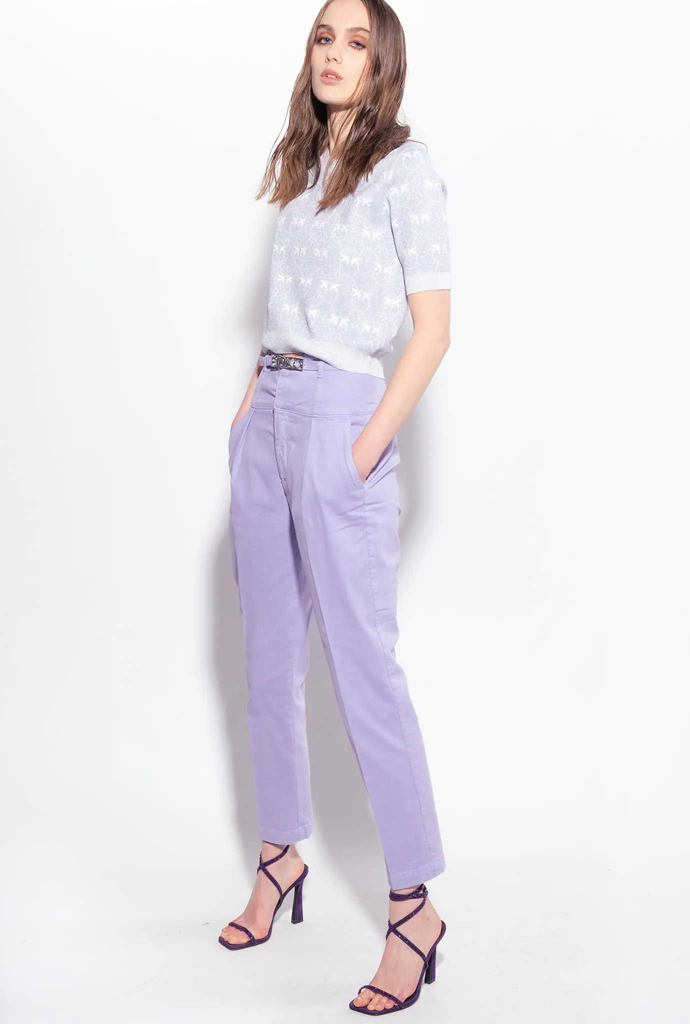 Tailleurs Et Ensembles|PINKO T-Shirt Court Monogram Lurex Lilas/Blanc