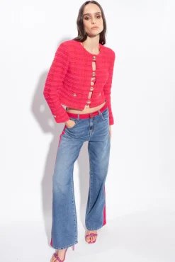 Tailleurs Et Ensembles|PINKO Veste Courte En Tweed Fantaisie Mult. Fuchsia/Rouge