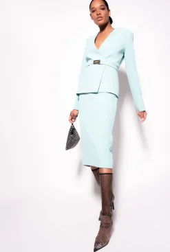 Tailleurs Et Ensembles|PINKO Veste Elegante A Fine Ceinture Bleu Nil