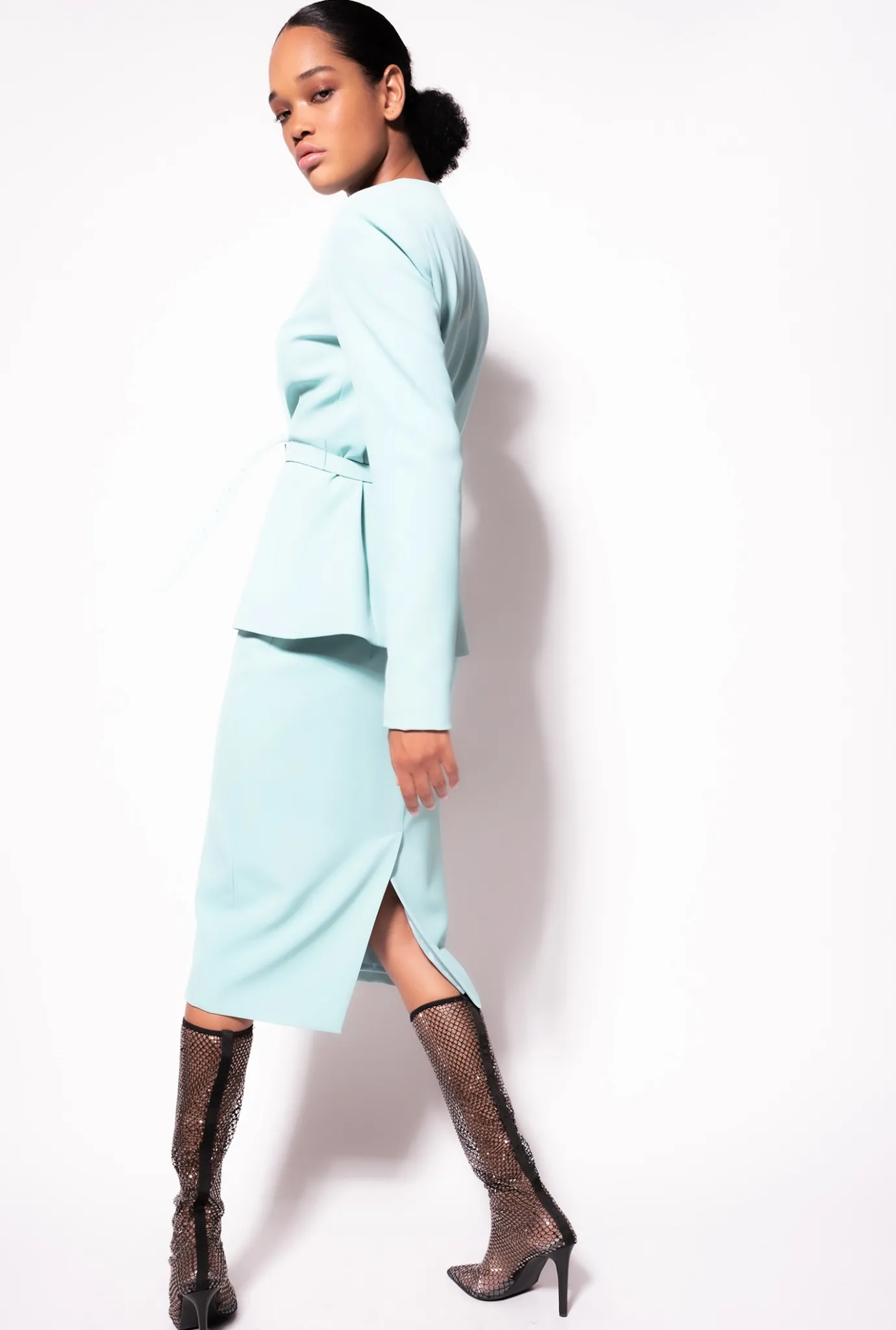 Tailleurs Et Ensembles|PINKO Veste Elegante A Fine Ceinture Bleu Nil